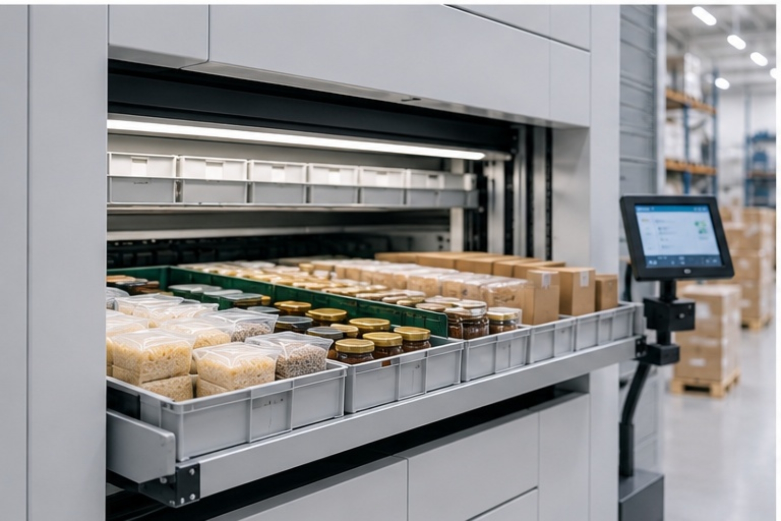 Stockage vertical automatisé avec un Modula Lift pour l'industrie agroalimentaire Stockage vertical automatisé avec un Modula Lift pour l'industrie agroalimentaire