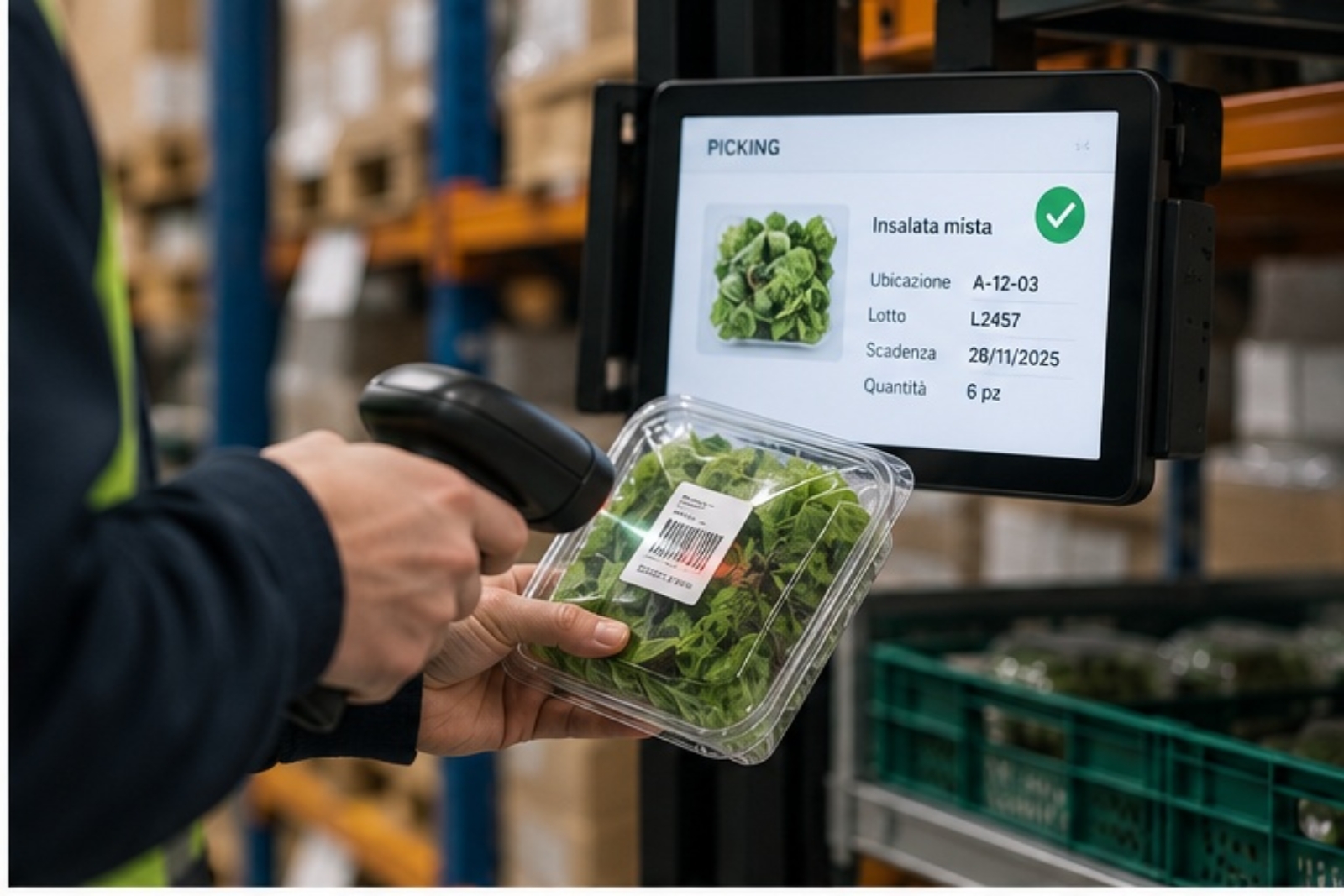 Scan des produits lors de la préparation de commandes pour réduire les erreurs dans un entrepôt alimentaire Scan des produits lors de la préparation de commandes pour réduire les erreurs dans un entrepôt alimentaire